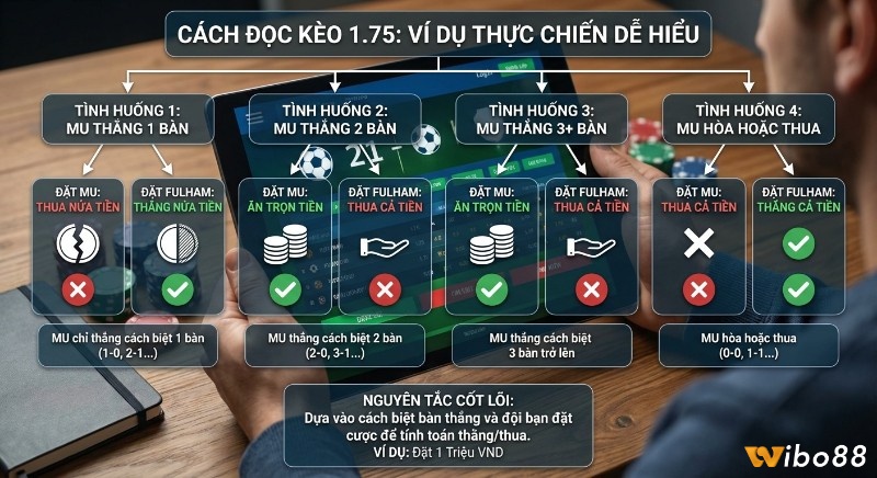 Hướng dẫn chi tiết cách đọc kèo 1.75 qua 4 tình huống ví dụ thực chiến, giúp hiểu rõ thắng/thua khi đặt MU hoặc Fulham