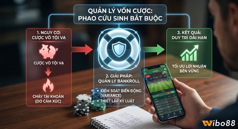 Sơ đồ 3 bước giải thích quản lý vốn cược bóng đá là phao cứu sinh, từ rủi ro mất trắng đến lợi nhuận bền vững trong cách quản lý vốn cược bóng đá