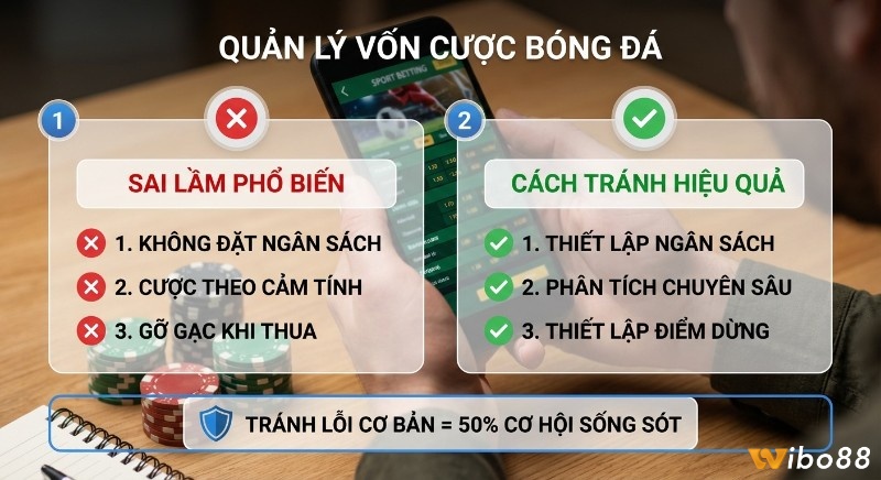 Bảng tổng hợp sai lầm và cách tránh hiệu quả trong quản lý vốn cược bóng đá, giúp tăng 50% cơ hội sống sót