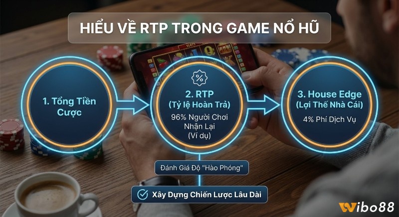 Sơ đồ quy trình RTP game Nổ Hũ, từ tổng cược, tỷ lệ hoàn trả 96% đến lợi thế nhà cái 4%, hỗ trợ xây dựng chiến lược dài hạn trong cách tính rtp game nổ hũ