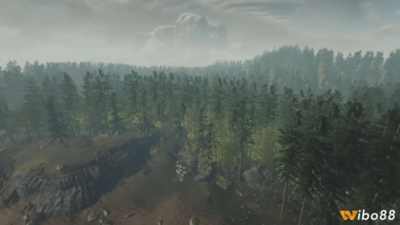 Khu vực đầu game The Forest phù hợp để xây base nhờ hồ nước và không gian thoáng