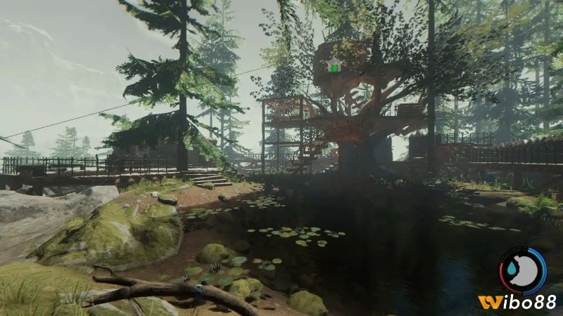 Căn cứ trên cây trong The Forest với sàn gỗ và lối đi trên cao