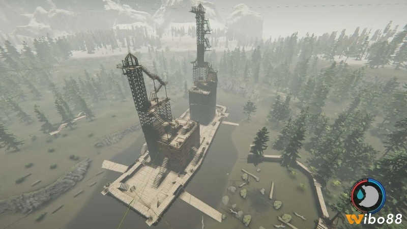 Căn cứ vùng tuyết The Forest gần chân núi sau khi người chơi có warm suit