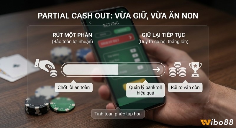 Cơ chế Partial Cash out: Rút một phần để chốt lời an toàn, giữ lại tiếp tục để quản lý bankroll hiệu quả và duy trì cơ hội thắng lớn
