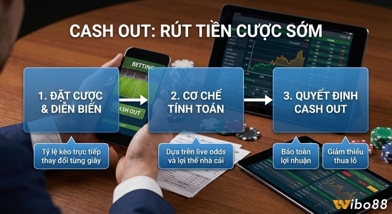 Cơ chế Cash out trong cá cược 3 bước: đặt cược, tính toán live odds, giúp bảo toàn lợi nhuận hoặc giảm thiểu thua lỗ trong cash out là gì trong cá cược