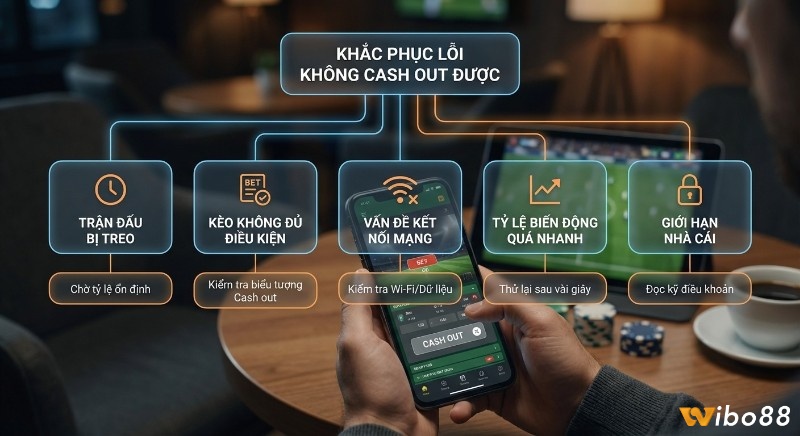 Hướng dẫn xử lý lỗi không Cash out được gồm 5 bước kiểm tra: trận đấu, điều kiện kèo, kết nối mạng, tỷ lệ và giới hạn nhà cái