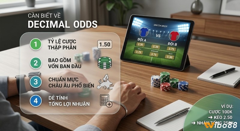 Tổng quan 4 điểm cần biết về Decimal odds bóng đá là gì, bao gồm vốn và cách tính lợi nhuận ví dụ cược 100K kèo 2.50 nhận 250K