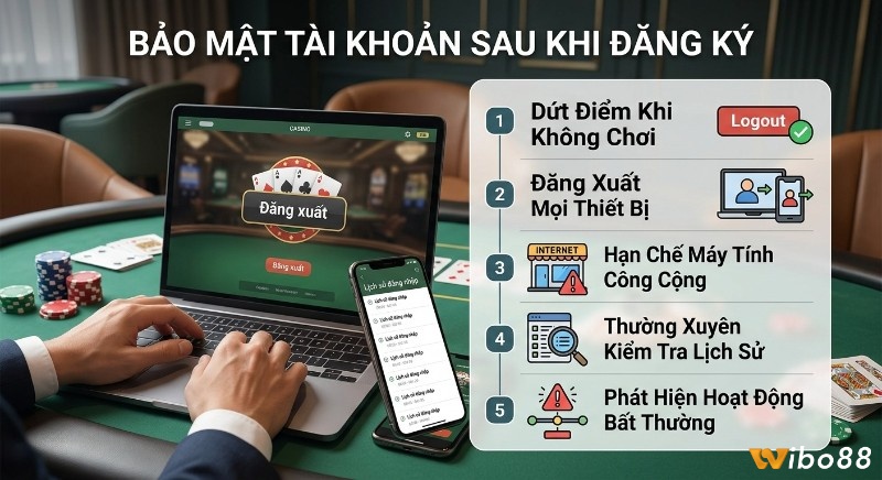 Checklist 5 bước bảo mật tài khoản sau khi đăng ký, hướng dẫn đăng xuất khi không sử dụng và kiểm tra lịch sử đăng nhập