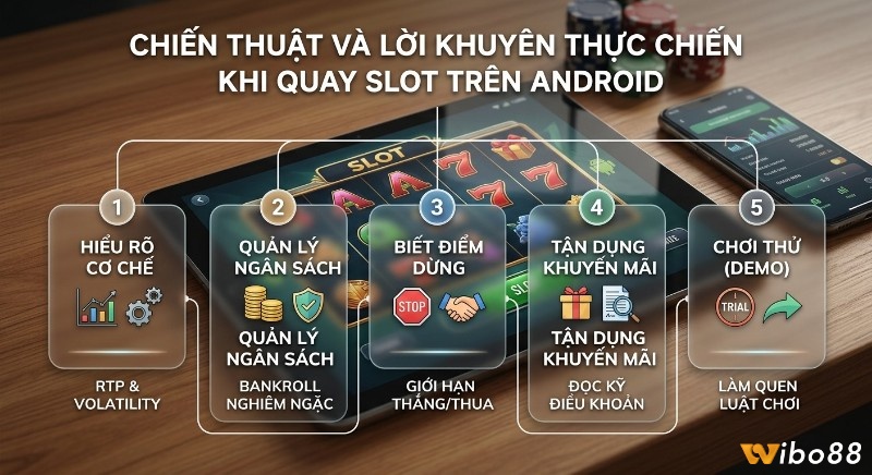 Tổng quan 5 chiến thuật chơi Slot game trên điện thoại Android giúp quản lý bankroll, hiểu RTP, biết dừng, tận dụng khuyến mãi và chơi thử.