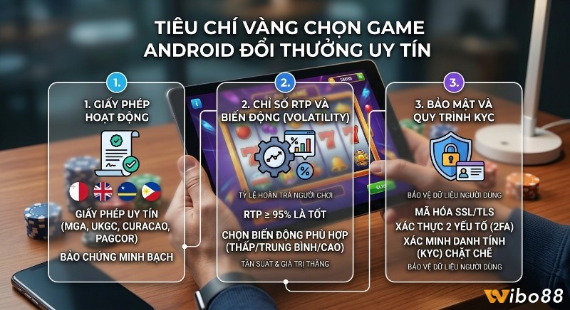 Checklist 3 tiêu chí vàng chọn Slot game trên điện thoại Android đổi thưởng uy tín: giấy phép, RTP & biến động, bảo mật KYC chặt chẽ