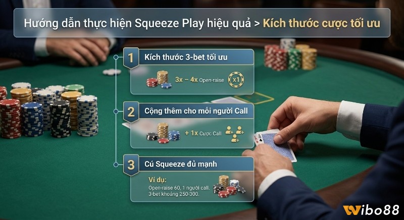 Hướng dẫn 3 bước tính kích thước cược tối ưu cho Squeeze play poker là gì hiệu quả, với công thức 3-4x open-raise cộng 1x cho mỗi người call