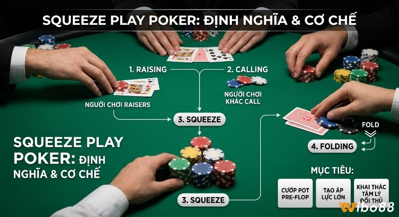 Sơ đồ cơ chế Squeeze play poker là gì: minh họa chi tiết 4 bước thực hiện chiến thuật 3-bet pre-flop và 3 mục tiêu chính
