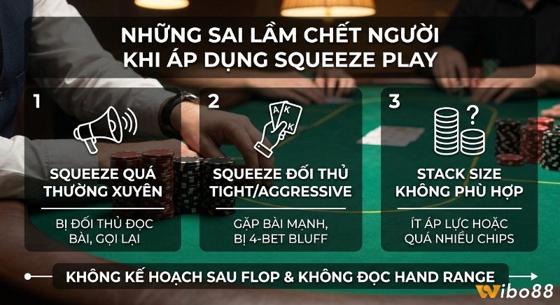 Checklist những sai lầm chết người, trong Squeeze play poker là gì: lạm dụng, chọn sai đối tượng, stack không phù hợp, và thiếu kế hoạch sau flop