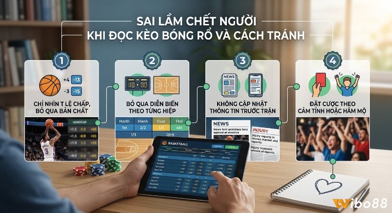 Hướng dẫn nhận diện và tránh 4 sai lầm chết người khi đọc kèo bóng rổ, từ bỏ qua thông tin đến đặt cược cảm tính