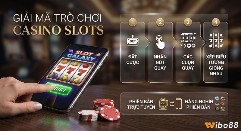 Quy trình giải mã trò chơi Casino Slots là gì: 4 bước đặt cược, nhấn nút quay, xếp biểu tượng cùng các phiên bản trực tuyến đa dạng
