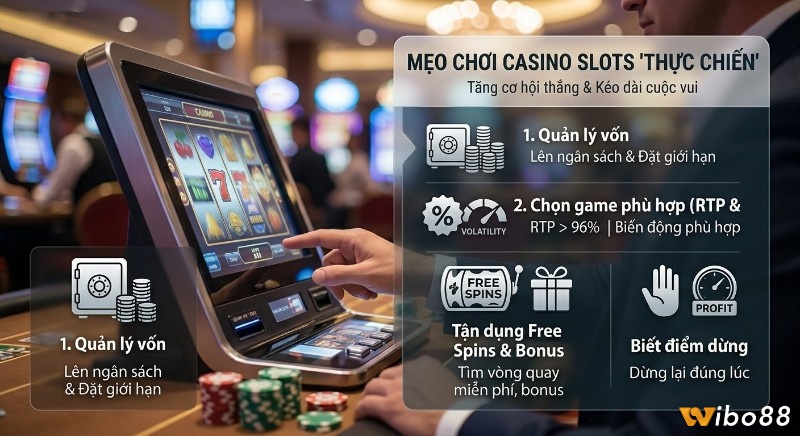 Checklist 4 mẹo chơi Casino Slots 'thực chiến': quản lý vốn, chọn game RTP >96% và Volatility phù hợp, tận dụng Free Spins, biết điểm dừng