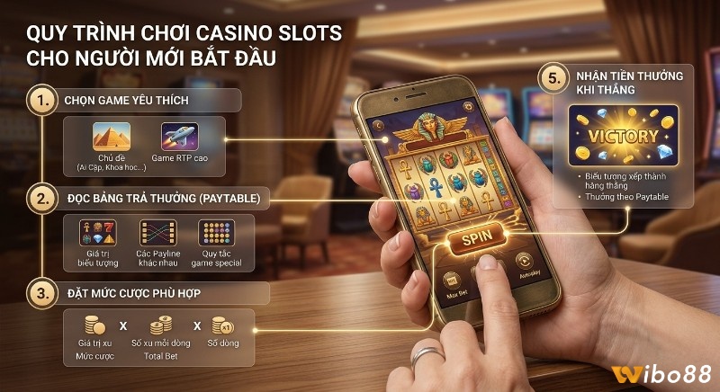Quy trình 5 bước chơi Casino Slots là gì cho người mới bắt đầu: chọn game, đọc paytable, đặt cược, quay và nhận thưởng