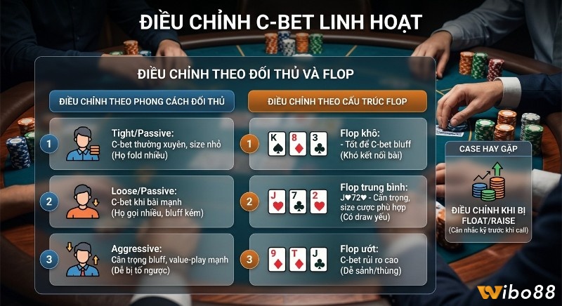 Hướng dẫn chiến lược điều chỉnh C-bet linh hoạt theo phong cách đối thủ và cấu trúc Flop, gồm xử lý khi bị float/raise