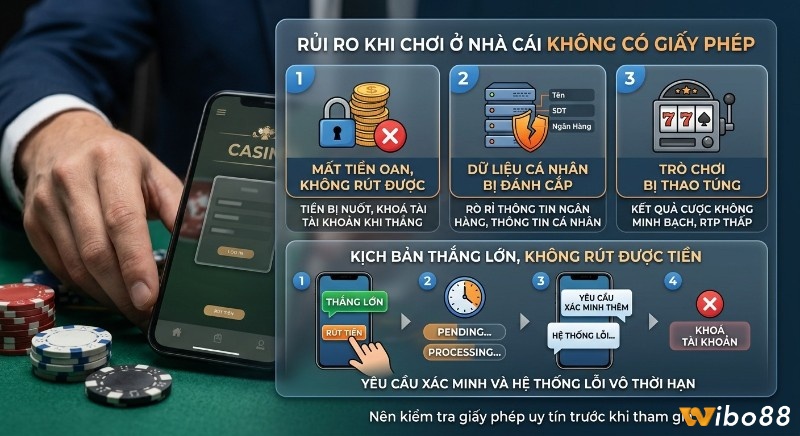 Biểu đồ 3 rủi ro chính khi chơi nhà cái không giấy phép và 4 bước kịch bản thắng lớn nhưng không rút được tiền