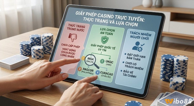 Infographic tổng quan giấy phép casino trực tuyến, chỉ rõ thực trạng tại Việt Nam và 4 lựa chọn an toàn: MGA, UKGC, PAGCOR, Curacao
