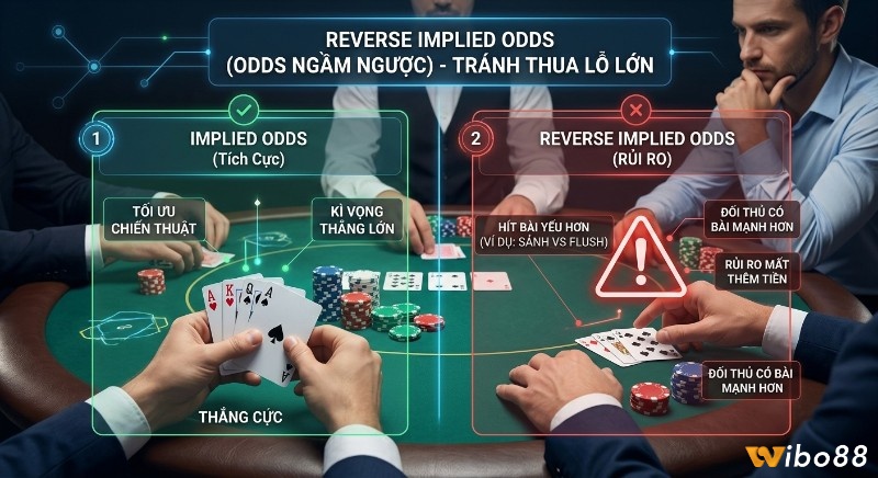 Bảng phân tích Implied Odds và Reverse Implied Odds giúp người chơi poker tối ưu chiến thuật, tránh rủi ro thua lỗ lớn khi đối thủ có bài mạnh