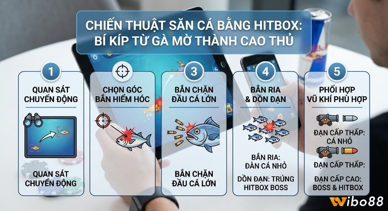 Tổng quan 5 chiến thuật săn cá bằng Hitbox trong bắn cá là gì giúp gà mờ thành cao thủ qua quan sát, chọn góc, bắn chặn và phối hợp vũ khí