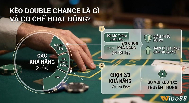 Cơ chế hoạt động kèo Double Chance là gì (Cơ Hội Kép) với 2/3 khả năng, tăng tỷ lệ thắng lên 66.67% và giảm rủi ro so với kèo 1X2