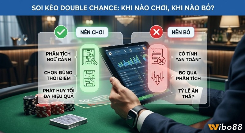 Chiến lược soi kèo Double Chance là gì: Hướng dẫn quyết định nên chơi khi phân tích kỹ, nên bỏ khi bỏ qua phân tích và tỷ lệ thấp