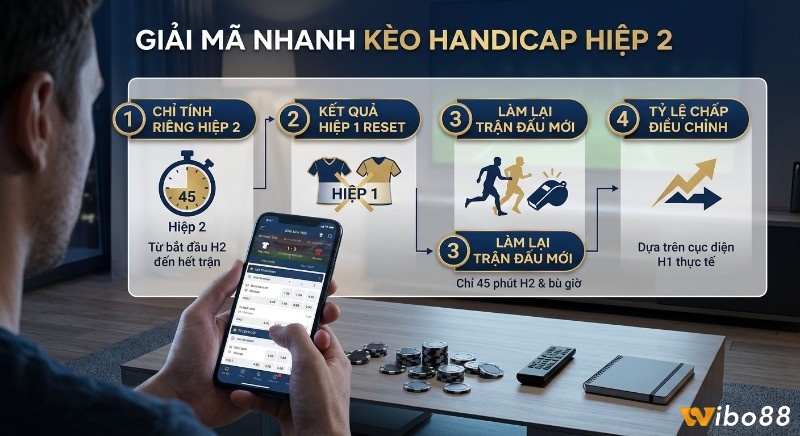 Tổng quan nhanh kèo Handicap hiệp 2 qua 4 bước: tính riêng hiệp 2, reset H1, xem như trận mới 45 phút, tỷ lệ chấp điều chỉnh