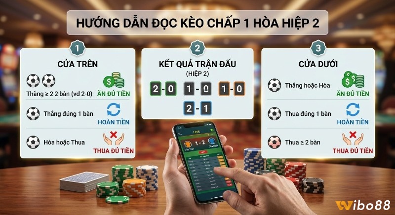 Bảng hướng dẫn trực quan cách đọc kèo chấp 1 hòa hiệp 2, minh họa chi tiết điều kiện ăn đủ, hòa, thua đủ tiền cho cửa trên và cửa dưới