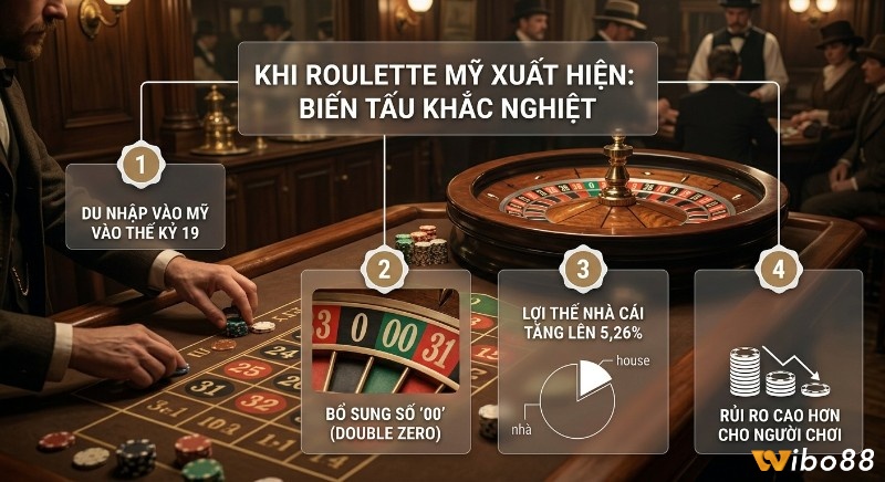Tổng quan về lịch sử Roulette Mỹ xuất hiện thế kỷ 19 với biến tấu '00' tăng lợi thế nhà cái lên 5,26% và rủi ro cho người chơi