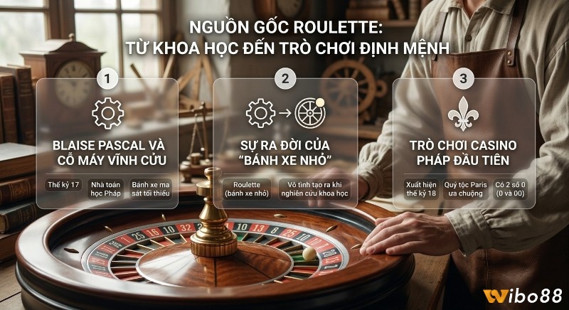 Sơ đồ tóm tắt 3 giai đoạn nguồn gốc, từ nhà toán học Pascal, cỗ máy vĩnh cửu đến trò chơi casino Pháp 2 số 0