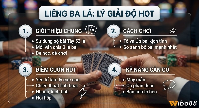 Sơ đồ giải thích Liêng ba lá, cấu trúc game, cách chơi, yếu tố thu hút và kỹ năng cần có, lý giải độ hot
