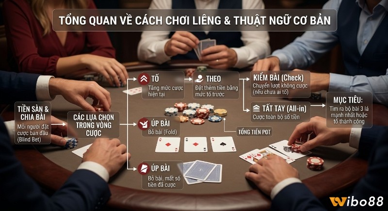 Sơ đồ hướng dẫn cách chơi luật chơi Liêng, tổng hợp thuật ngữ cược cơ bản: tố, theo, úp bài, kiểm bài, tất tay và mục tiêu thắng cuối cùng