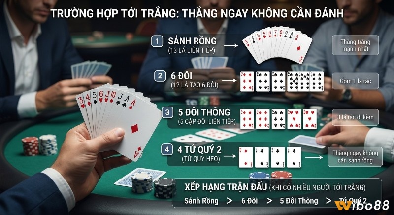 Minh họa các trường hợp tới trắng thắng ngay trong Tiến Lên Miền Bắc: Sảnh Rồng, 6 đôi, 5 đôi thông, Tứ quý 2 kèm thứ hạng