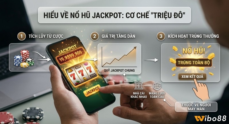 Sơ đồ cơ chế nổ hũ Jackpot triệu đô: tích lũy từ cược, giá trị tăng dần qua mạng lưới toàn cầu, và trúng toàn bộ trong nổ hũ jackpot là gì