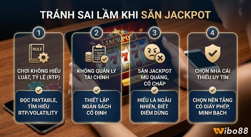 Quy trình 4 bước tránh sai lầm khi săn Jackpot: hiểu luật RTP, quản lý ngân sách, chấp nhận ngẫu nhiên, chọn nhà cái uy tín