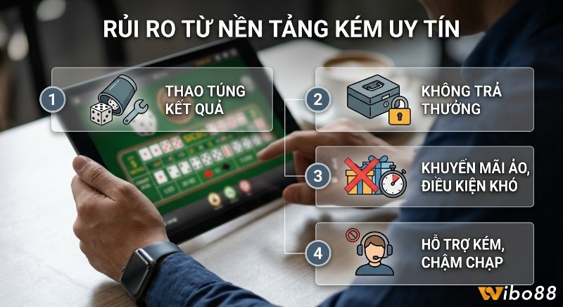 Checklist 4 rủi ro tín nhiệm từ nền tảng kém uy tín: thao túng kết quả, không trả thưởng, khuyến mãi ảo, hỗ trợ kém