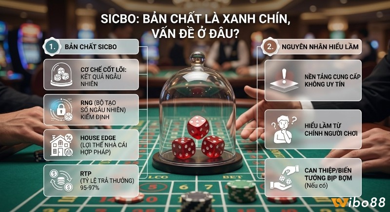 Infographic giải thích bản chất xanh chín của Sicbo có lừa đảo không, cơ chế hoạt động RNG, House Edge, RTP và nguồn gốc hiểu lầm