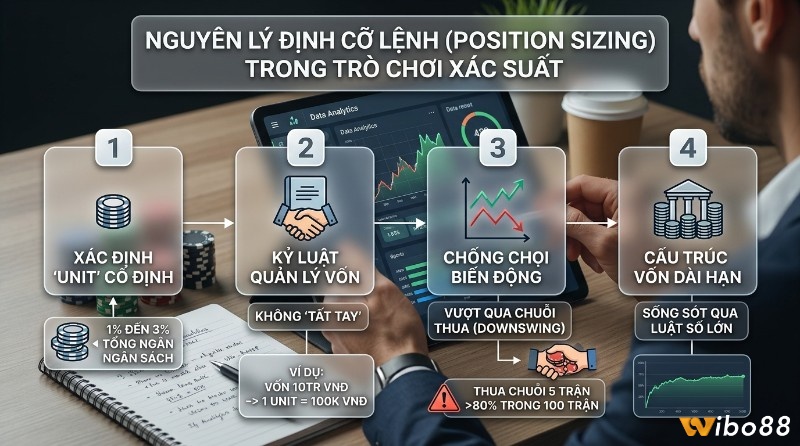 Nguyên lý định cỡ lệnh (Position Sizing), trong quản lý vốn cược thể thao trò chơi xác suất,: xác định Unit, kỷ luật quản lý vốn, chống chọi biến động, cấu trúc vốn dài hạn