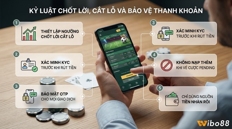 Kỷ luật chốt lời, cắt lỗ, bảo vệ thanh khoản: thiết lập ngưỡng, KYC, OTP, không nạp khi cược pending, chỉ dùng tiền nhàn rỗi