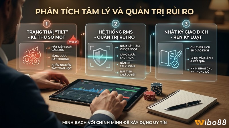 Phân tích tâm lý và quản trị rủi ro qua 3 bước: Trạng thái Tilt, Hệ thống RMS giám sát hành vi, và Nhật ký giao dịch rèn kỷ luật