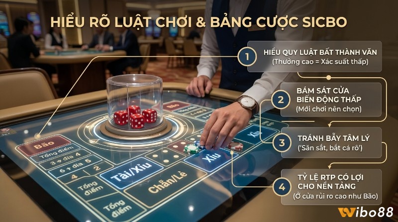 Hiểu luật cách chơi Sicbo, người chơi đặt chip vào cửa Xỉu trên bàn cược. Bám sát cửa biến động thấp như Tài/Xỉu, tránh bẫy tâm lý. Quy luật thưởng cao xác suất thấp, RTP có lợi cho nền tảng ở cửa Bão