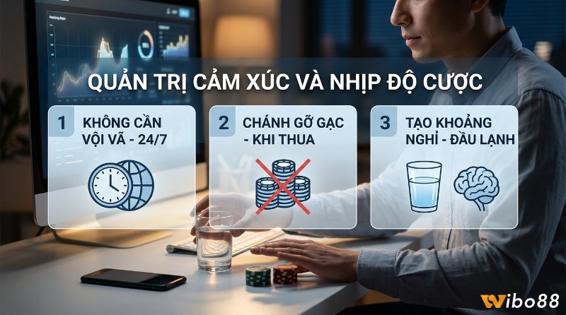 Quản trị cảm xúc và nhịp độ cược: không vội vã 24/7, tránh gỡ gạc khi thua, tạo khoảng nghỉ giữ đầu lạnh