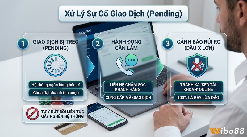 Xử lý giao dịch Pending: nguyên nhân ngân hàng bảo trì, chưa đạt doanh thu cược. Liên hệ CSKH, cung cấp mã giao dịch. Tránh xa 'kéo tài khoản' online lừa đảo