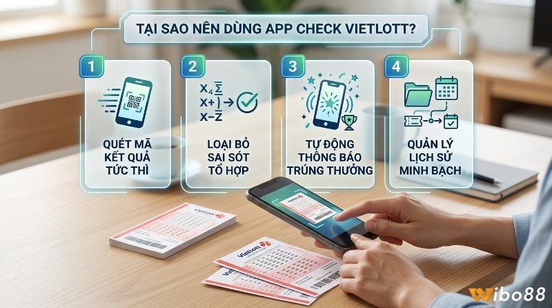 Người dùng quét vé Vietlott bằng điện thoại, hiển thị 4 lợi ích: quét mã tức thì, loại bỏ sai sót, tự động thông báo trúng thưởng, quản lý lịch sử minh bạch trong cách dò vé vietlott