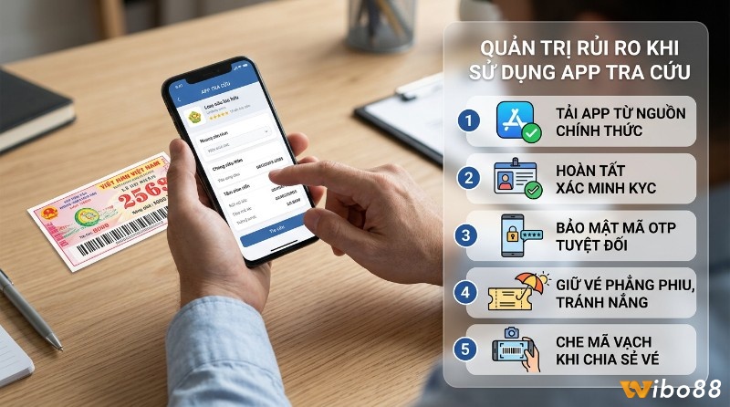 Quản trị rủi ro bảo mật app tra cứu vé số: điện thoại hiển thị app, vé số Việt Nam, 5 bước tải app chính thức, KYC, OTP, giữ vé phẳng, che mã vạch