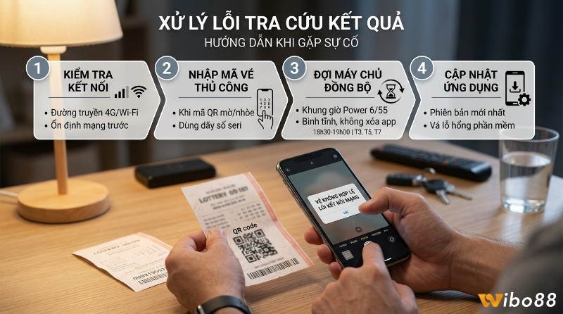 Cách xử lý lỗi tra cứu xổ số: kiểm tra kết nối mạng, nhập mã vé thủ công, chờ hệ thống đồng bộ dữ liệu và cập nhật ứng dụng lên phiên bản mới nhất