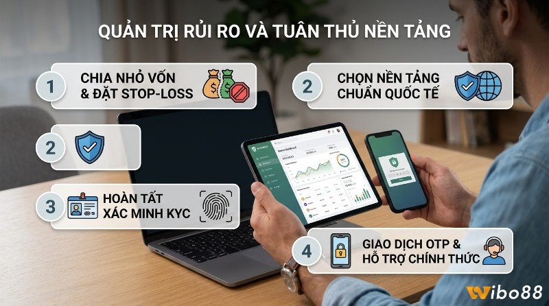Quản trị rủi ro và tuân thủ nền tảng qua 4 bước: chia vốn, đặt stop-loss, chọn nền tảng chuẩn quốc tế, xác minh KYC, giao dịch OTP, hỗ trợ