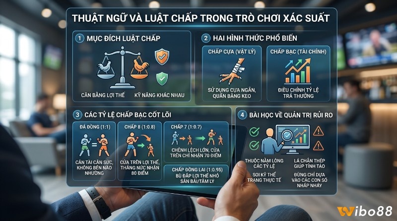 Thuật ngữ và luật chấp trong trò chơi xác suất, giải thích mục đích cân bằng lợi thế, các hình thức chấp cựa, chấp bạc với tỷ lệ 1:1, 1:0.8, 1:0.7, 1:0.95 và bài học quản trị rủi ro trong cách xem kèo đá gà